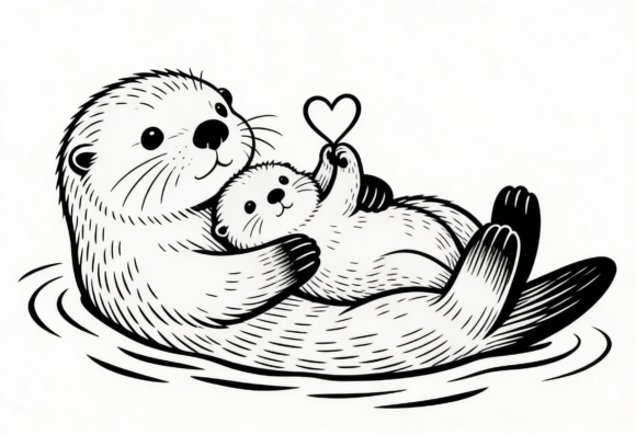 Cute Otter Mom and Baby Heart: Graphics for Crafts